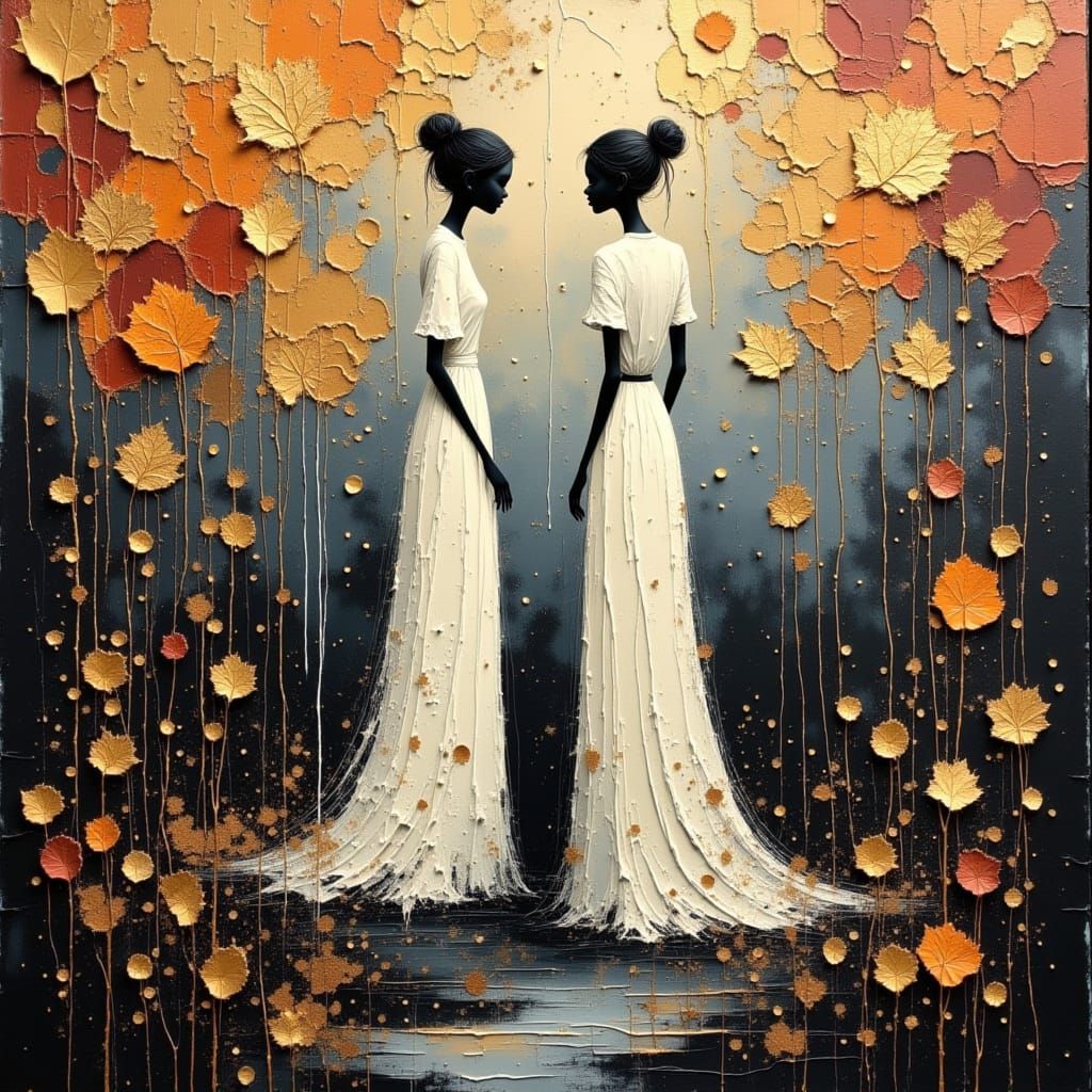 Figures Merged Amidst Autumn Leaves in Whimsical Style