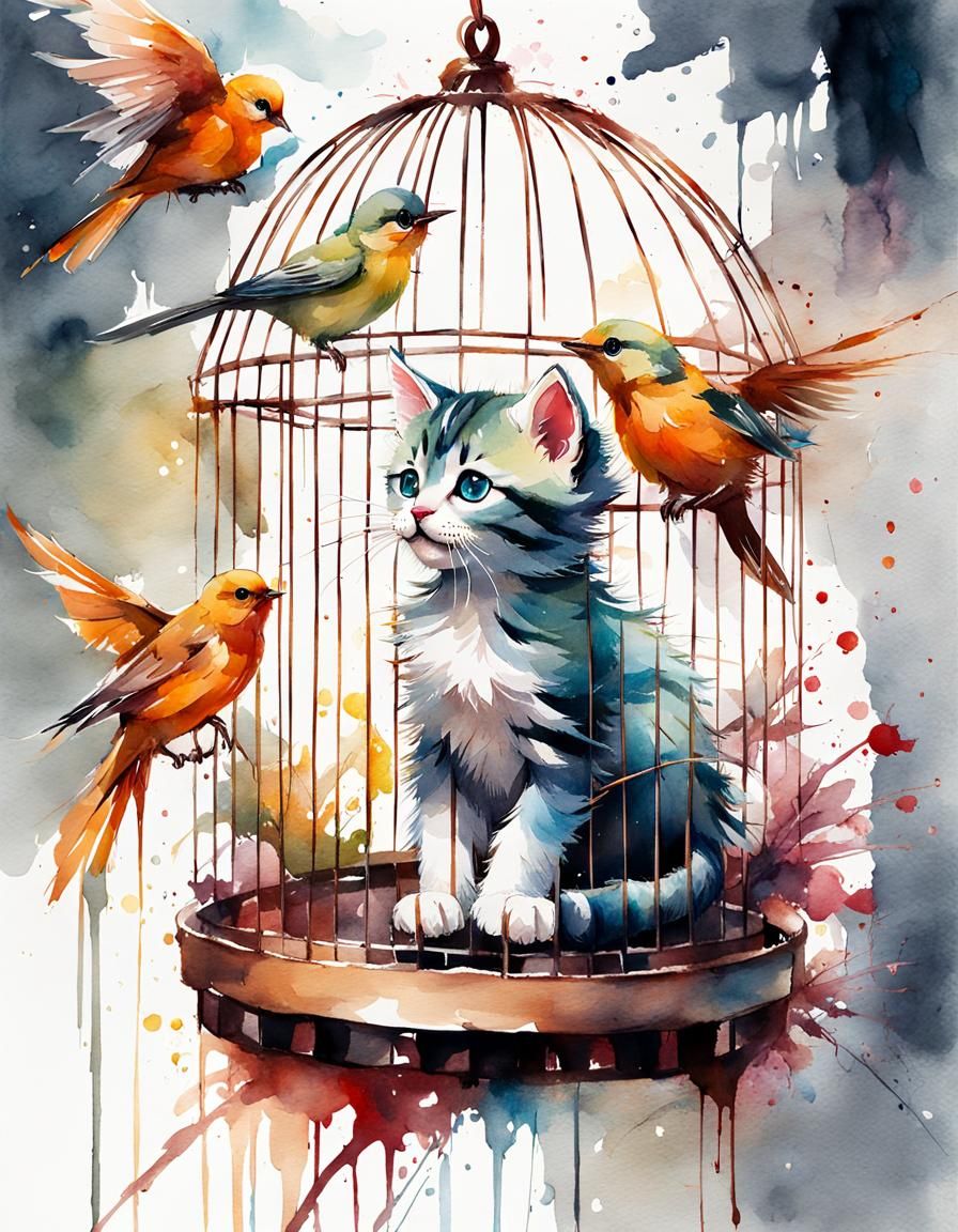 Kitten in Birdcage Watercolor Manga Illustration