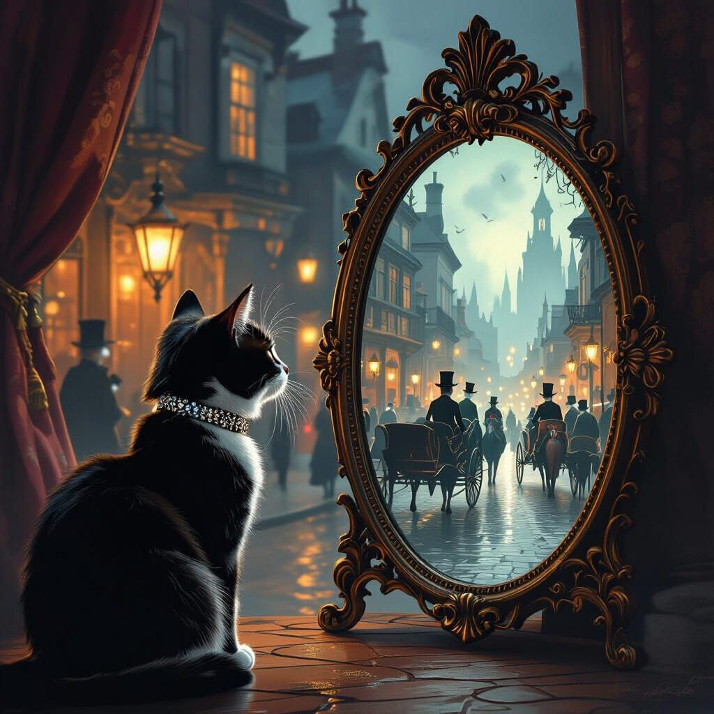 Cat Gazes into Magic Mirror Revealing Victorian Cats