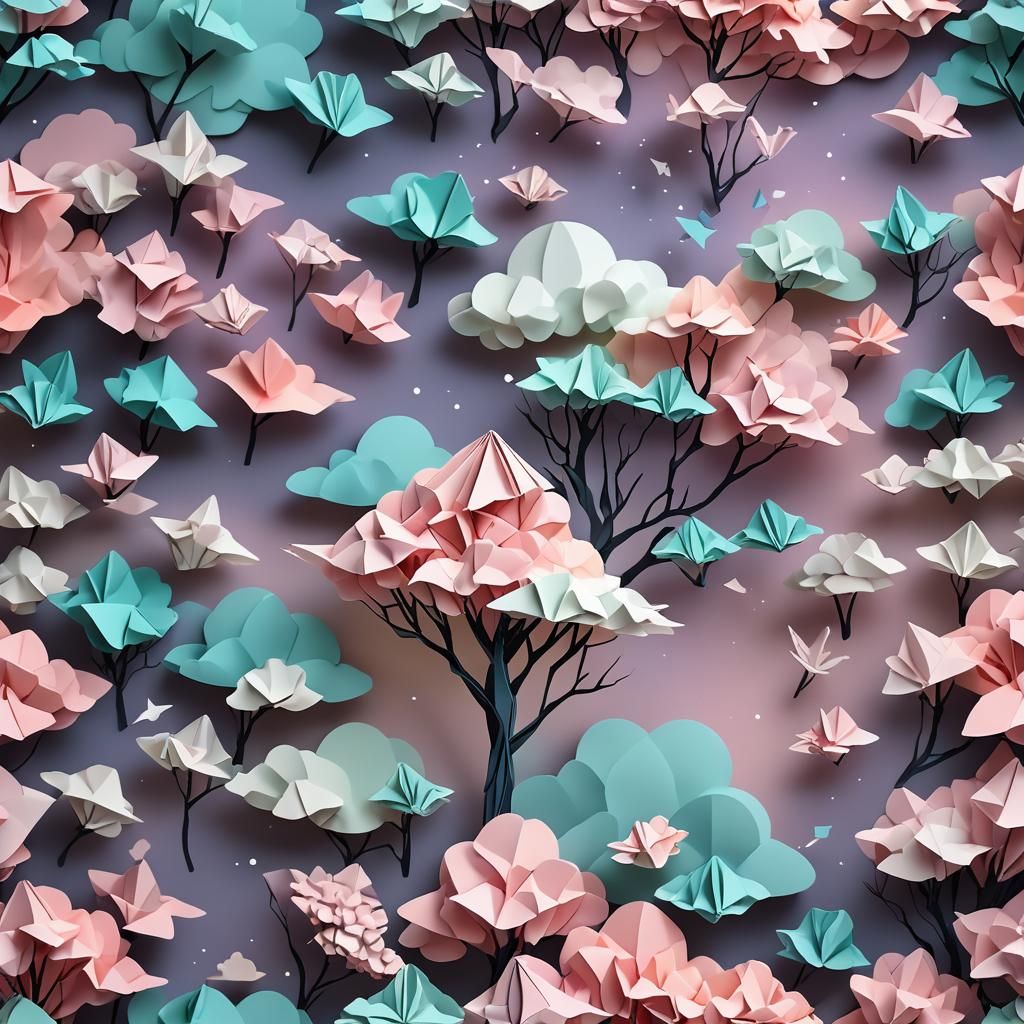 Origami Cloud-Tree Fusion in Space with Pastel Hues