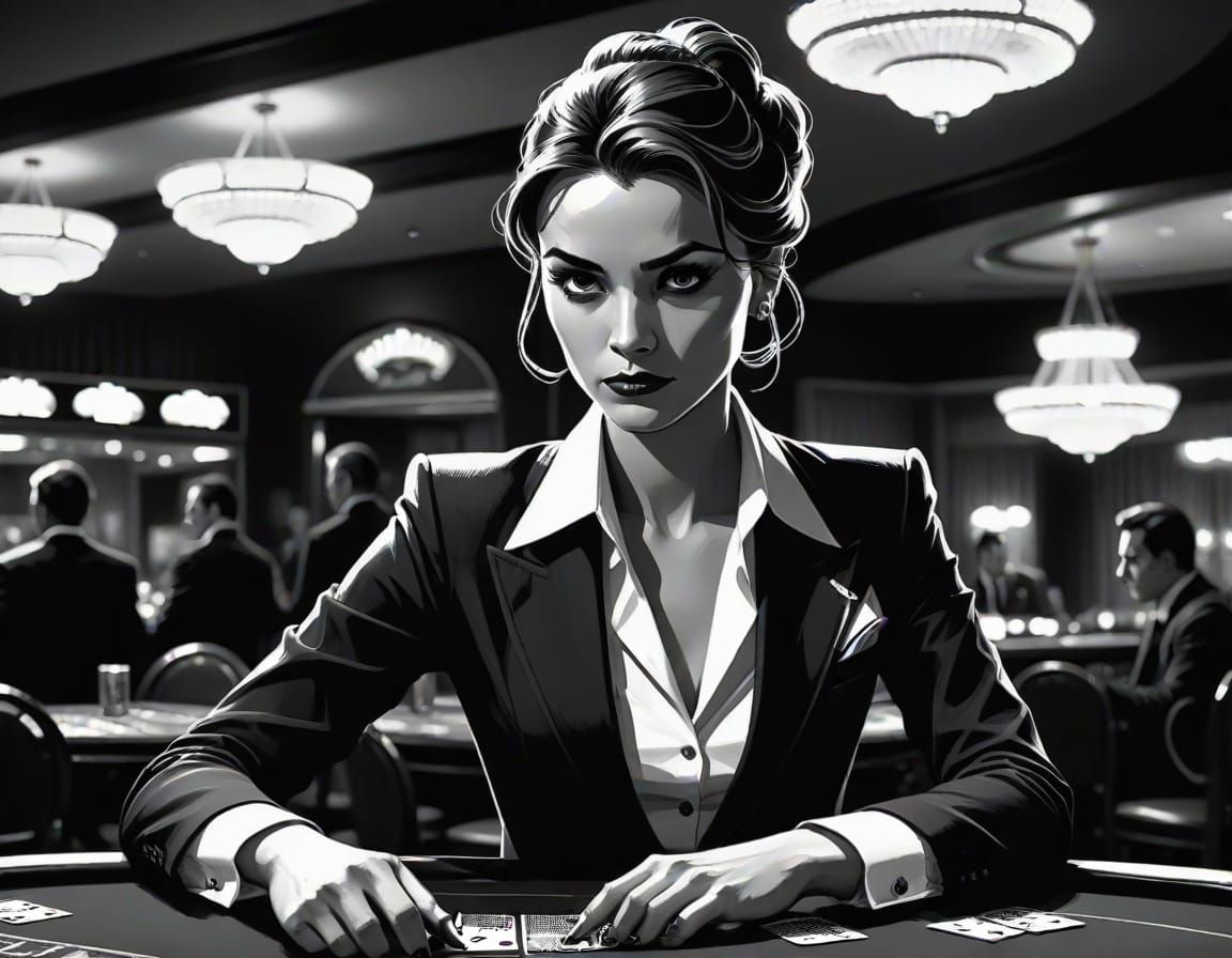 Female Croupier in Dark Noir Comic Art Style
