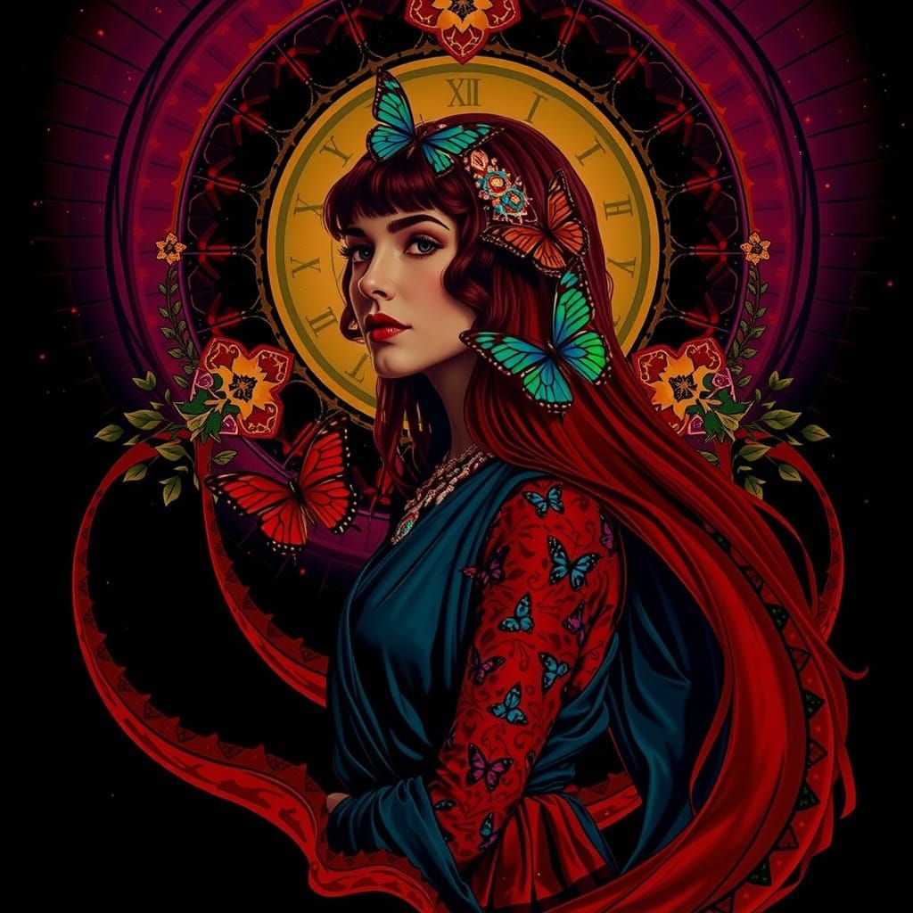 Regal Woman in Psychedelic Vortex, Art Deco Style