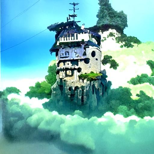 Floating Castle Tower in Studio Ghibli Style