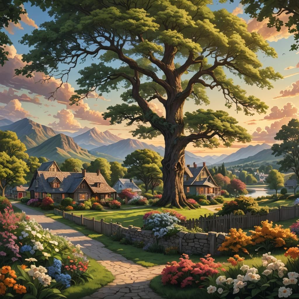 Hyperrealistic Riverside Village at Sunset, Splash Art