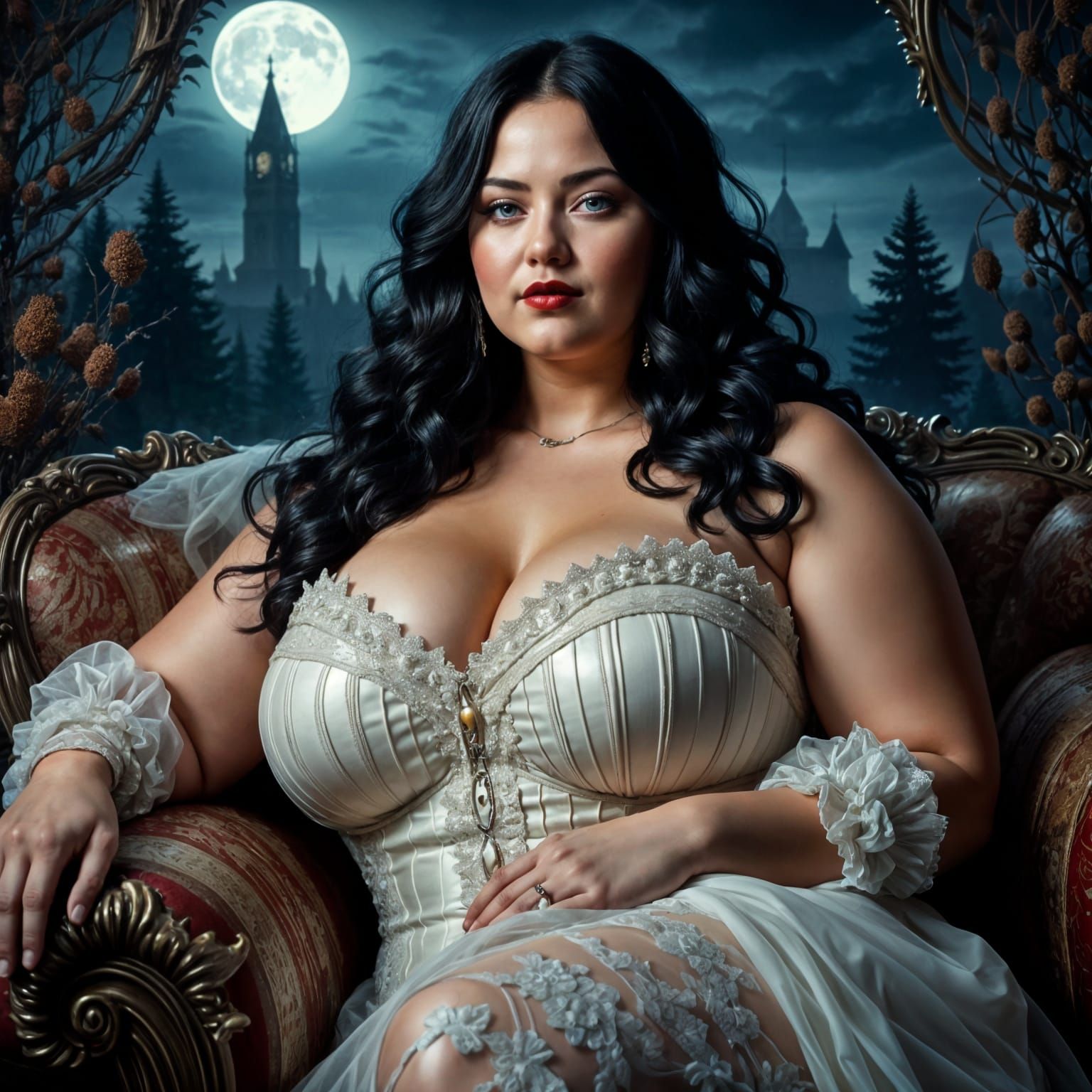 Plus Size Woman in White Corset Lounging in Moonlight
