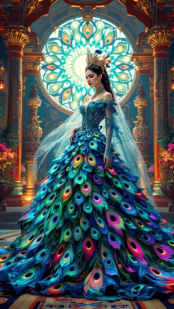 Majestic Korean Queen in Peacock Haute Couture