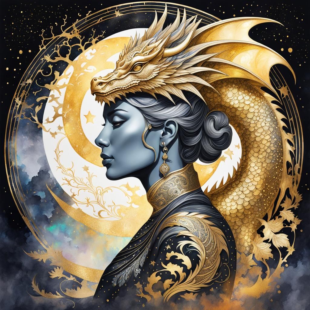 Dragon Silhouette Double Exposure in Watercolor Ink