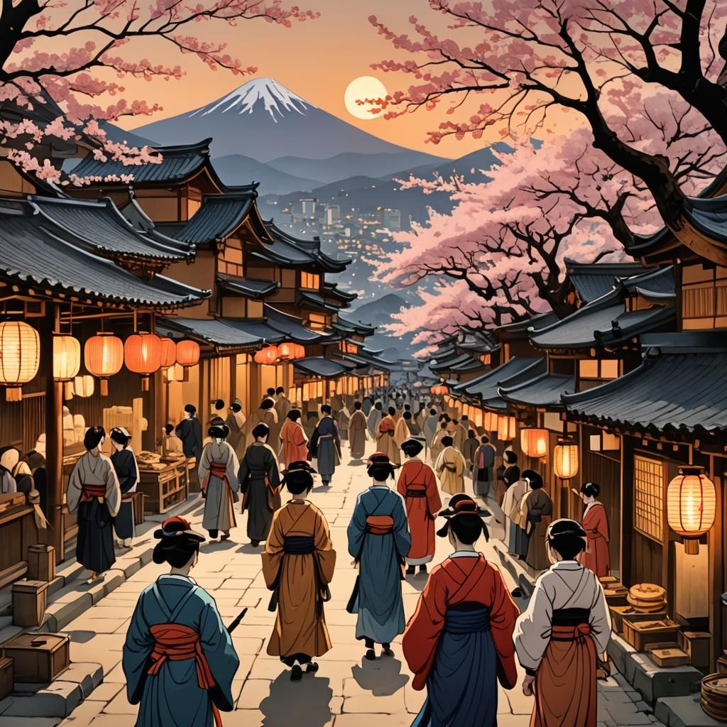 Kyoto Market Scene with Fuji in Ukiyo-e Style
