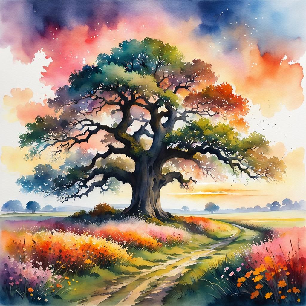 a painting of an ancient Oak Tree in a field of grass and fl...
