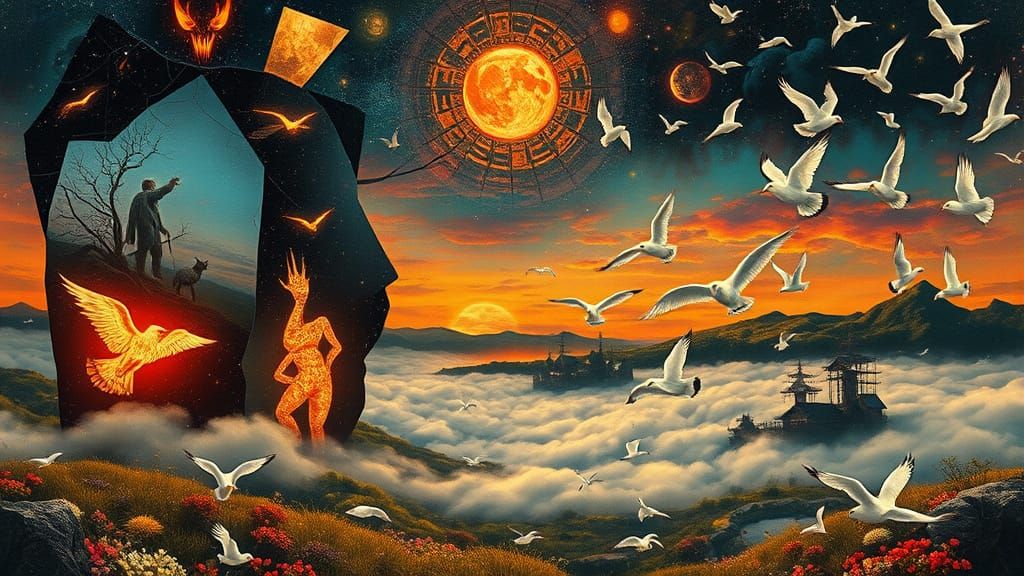 Mystical Collage of Surreal Scenes and Mythical Creatures