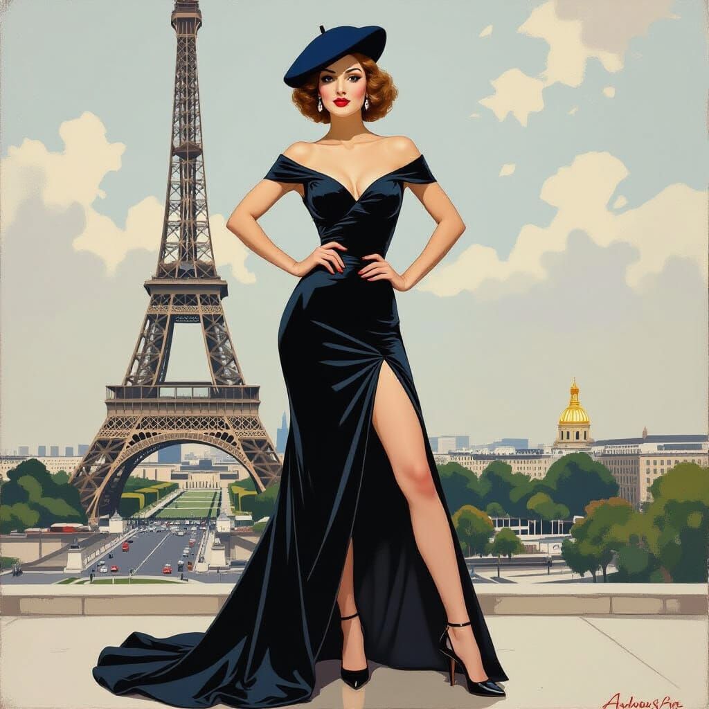 French Pin-Up Girl Near Eiffel Tower in Neo-Impressionist St...