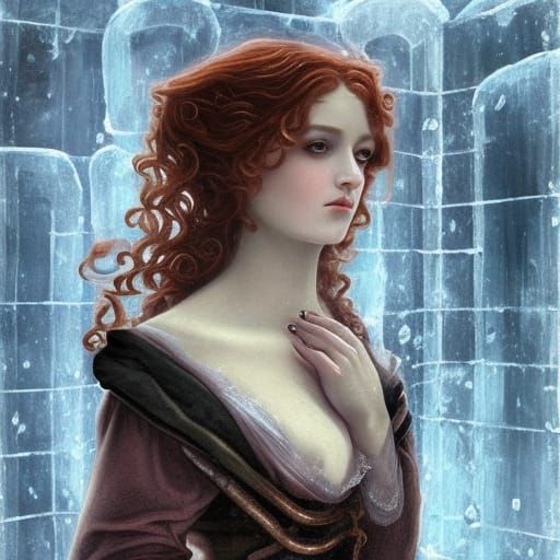 Icy Prison: Steampunk Maiden in Oil Painting Style