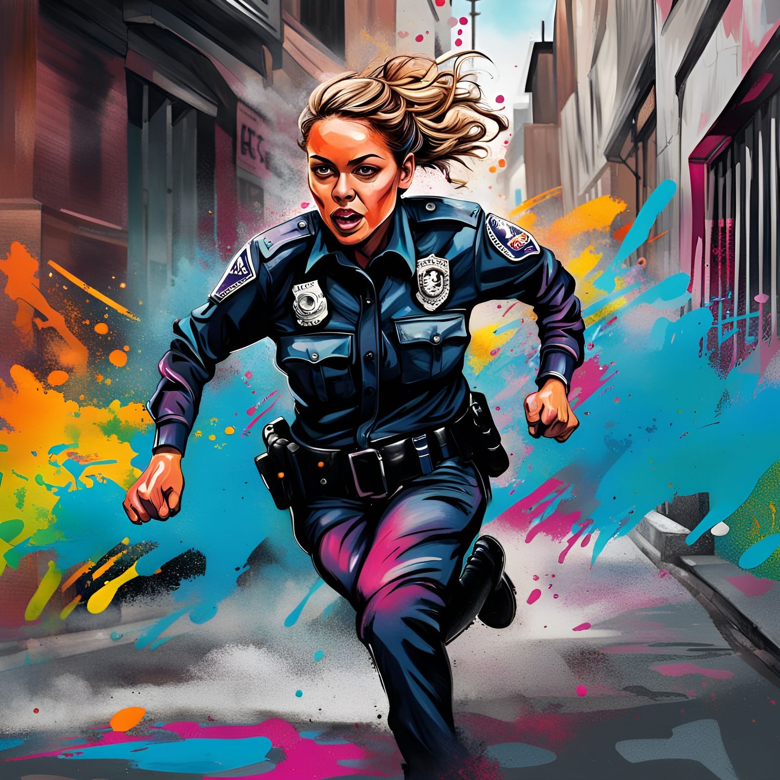 Graffiti Art: Policewoman Chasing Thief in Street