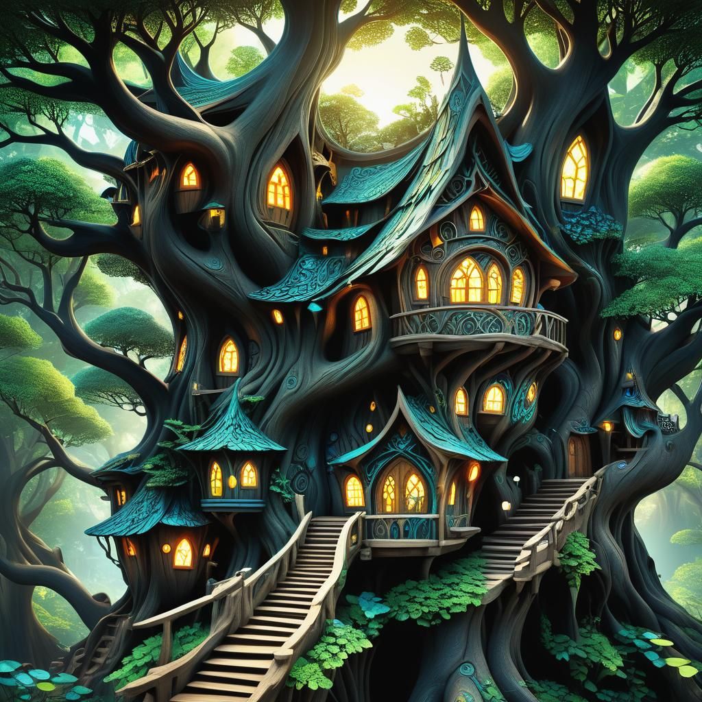 Luminous Elven City Treehouses in Fantasy Artwork
