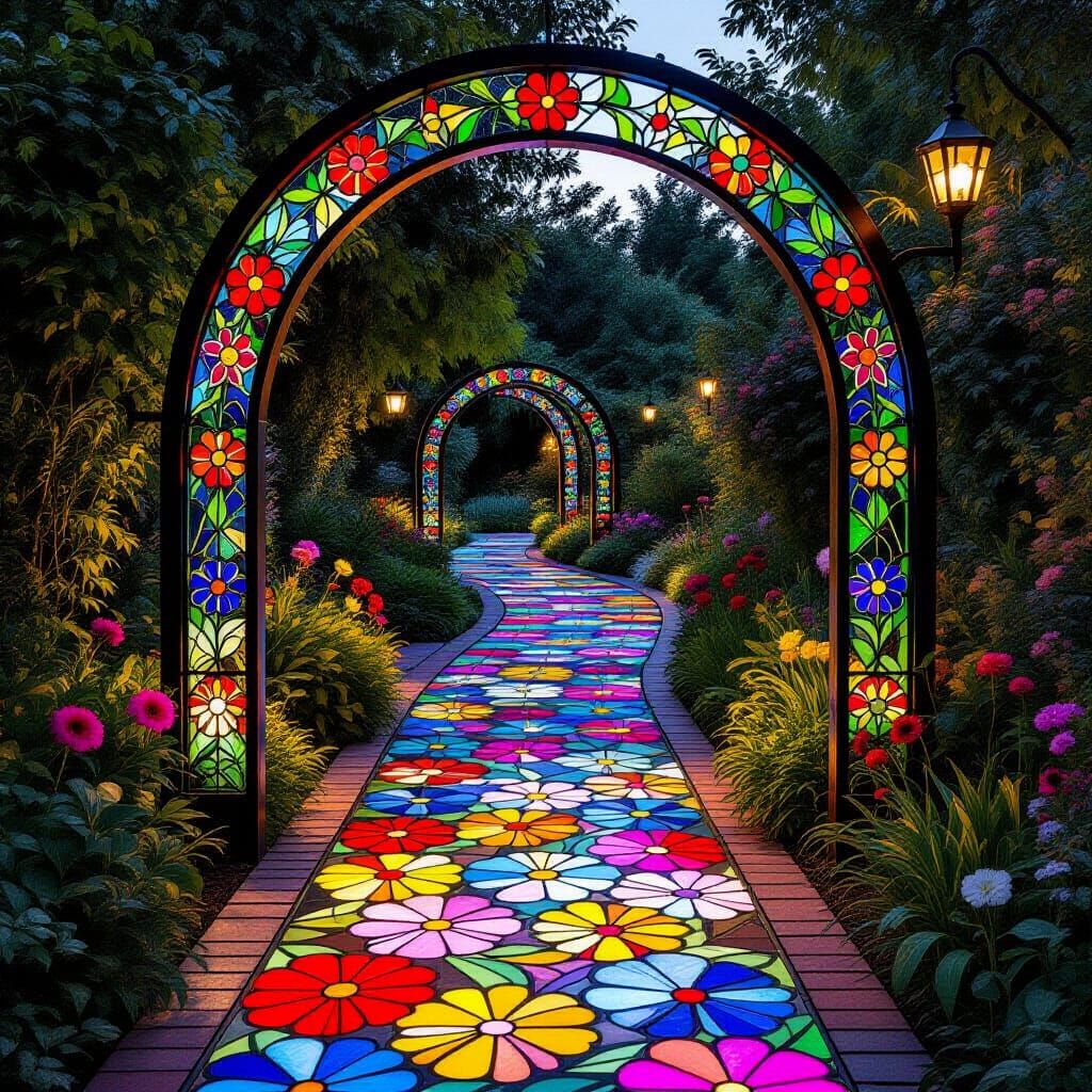 Vibrant Stained Glass Garden Path at Dusk