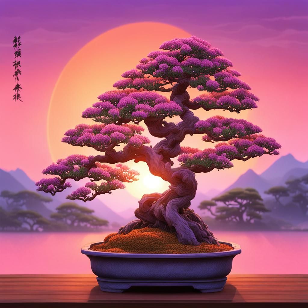 Hyperrealistic Japanese Bonsai Garden at Sunset