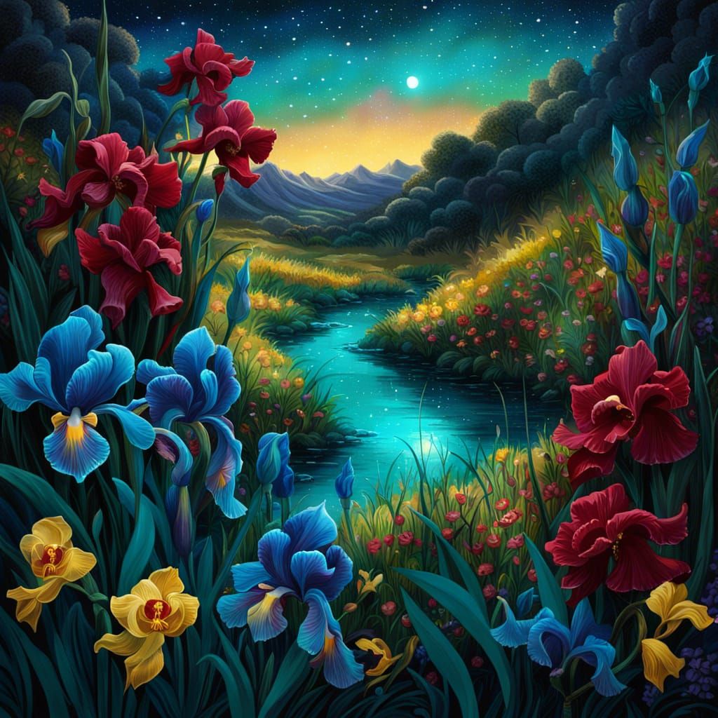 Enchanted Flower Meadow Under Starry Night