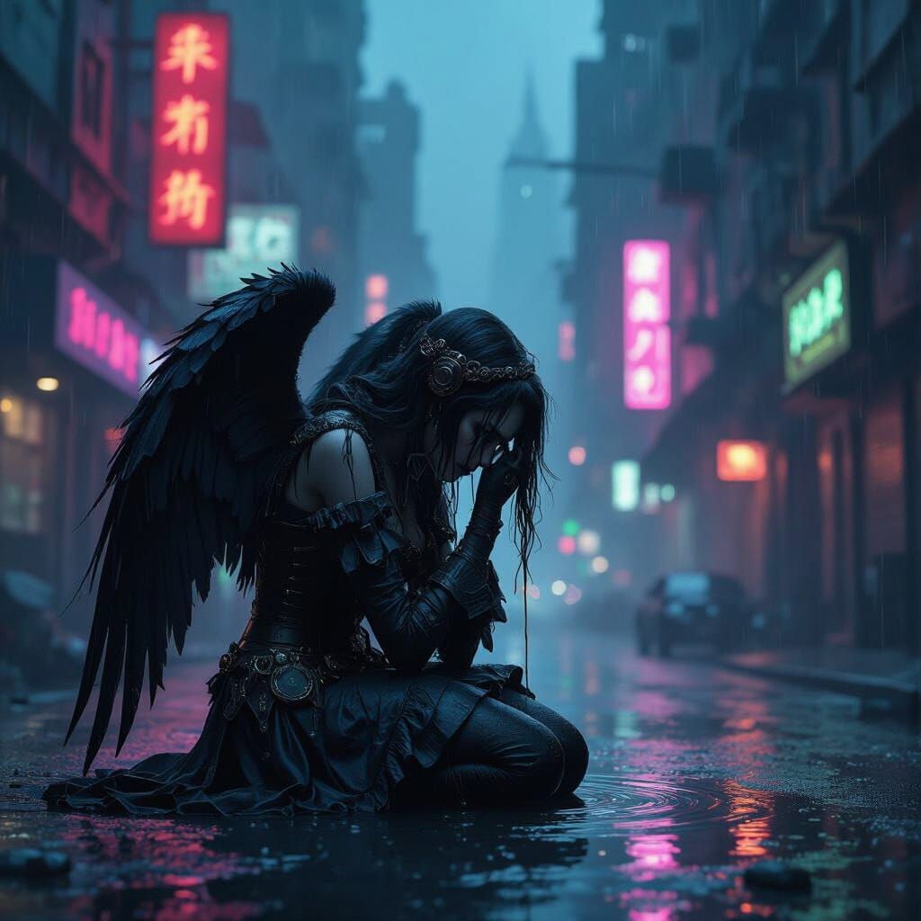 Steampunk Angel Weeping in Futuristic City