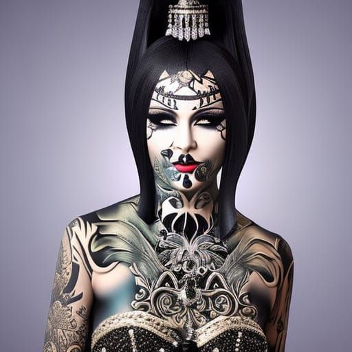 Glamorous Goth Woman with Tattoos in 8K