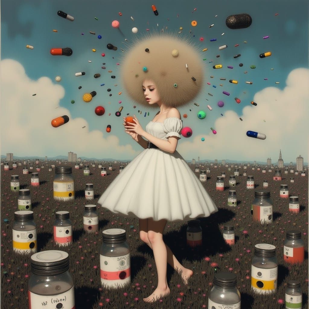 Stunning Plus-Size Blonde Surrounded by Pills in a Sky of Me...
