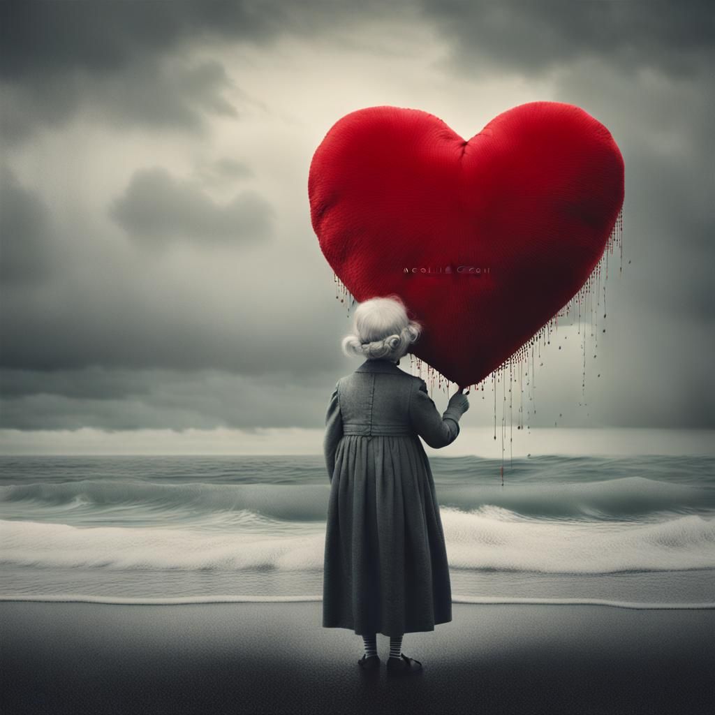 Monochrome Photo of Woman with Red Heart Plush