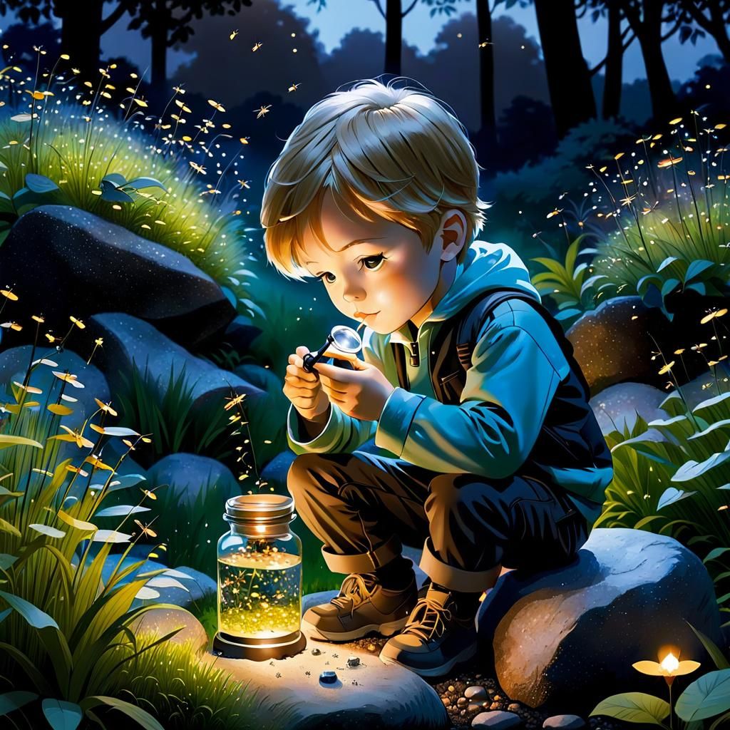 Child with Fireflies in a Jar at Dusk