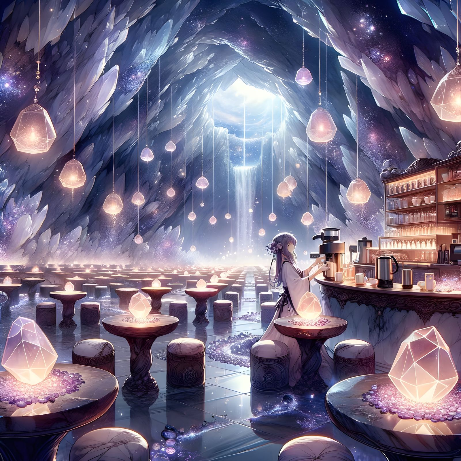 Anime Cafe Inside Giant Crystal Geode