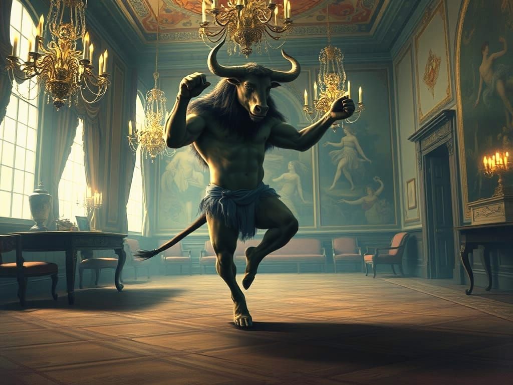 Minotaur's Secret Ballet Practice in Opulent Ballroom