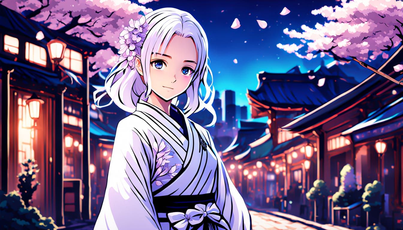 Emilia in Neon Sakura Downtown: Anime Digital Art