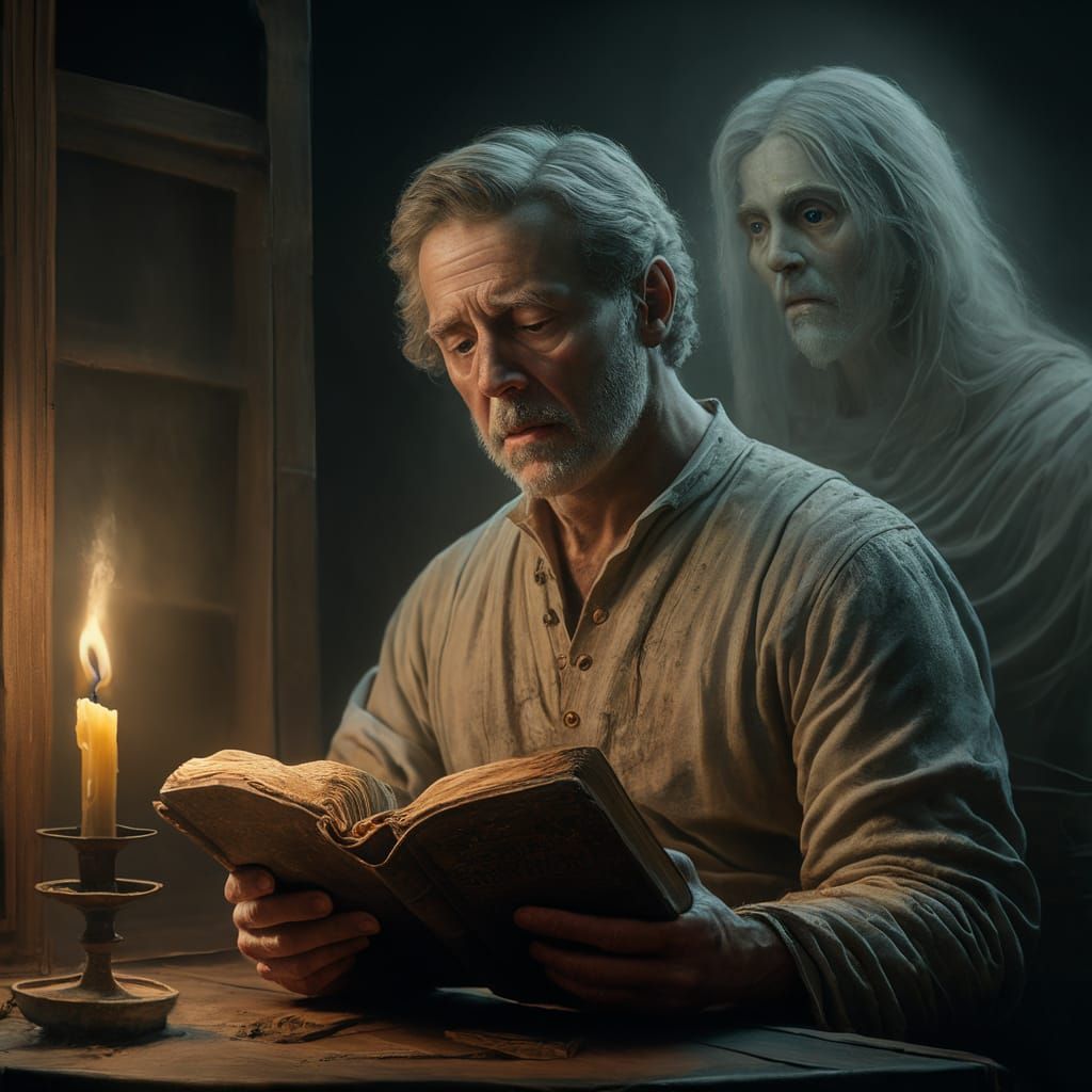 Eerie Scene: Man Reading Bible with Specter