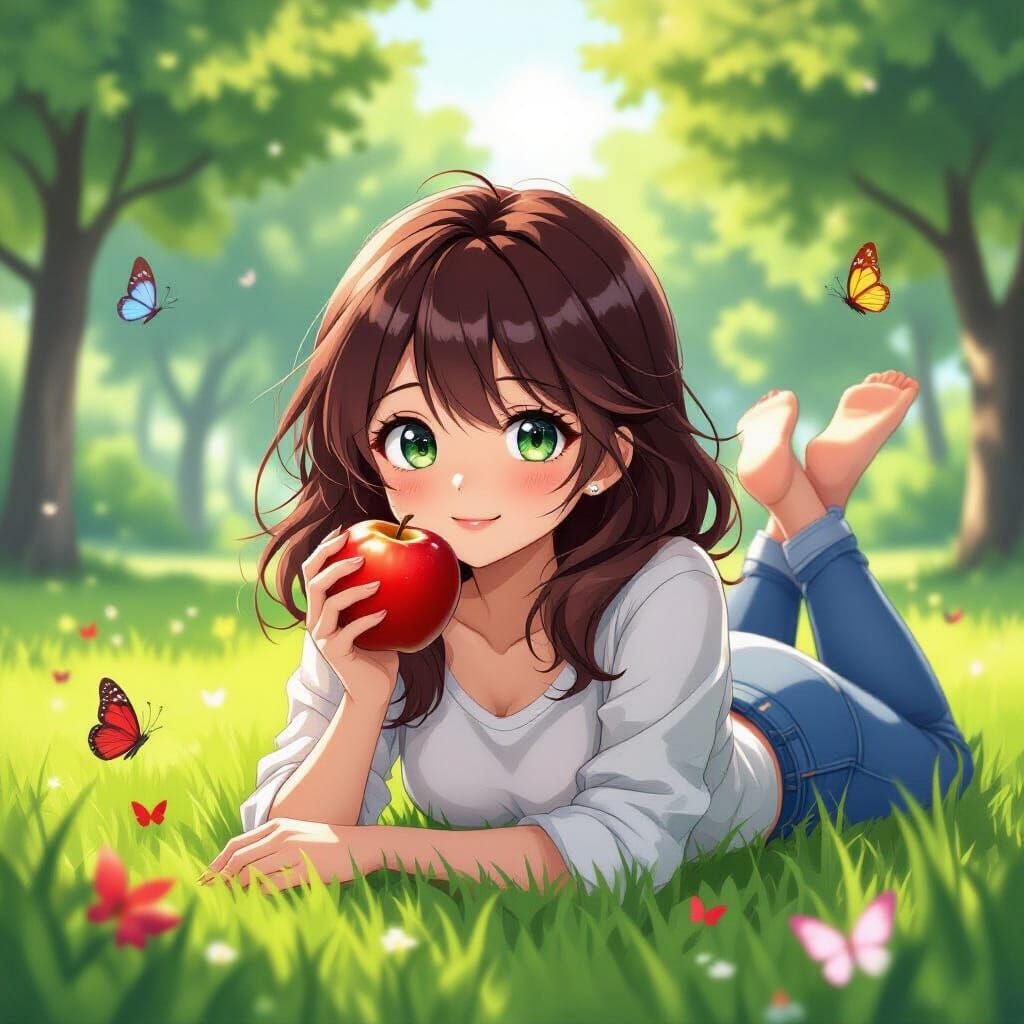 Anime Woman with Apple in Cel-Shaded Style