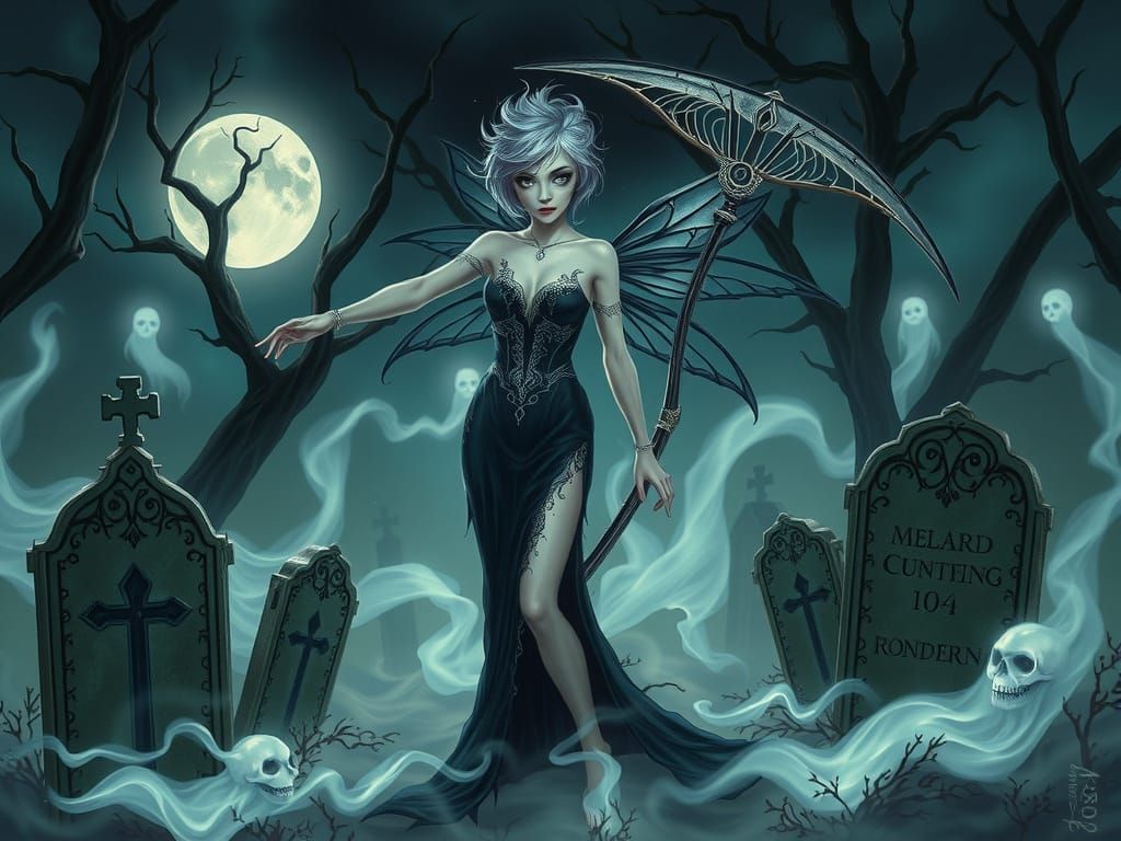 Gothic Fairy Angel of Death in Moonlit Graveyard