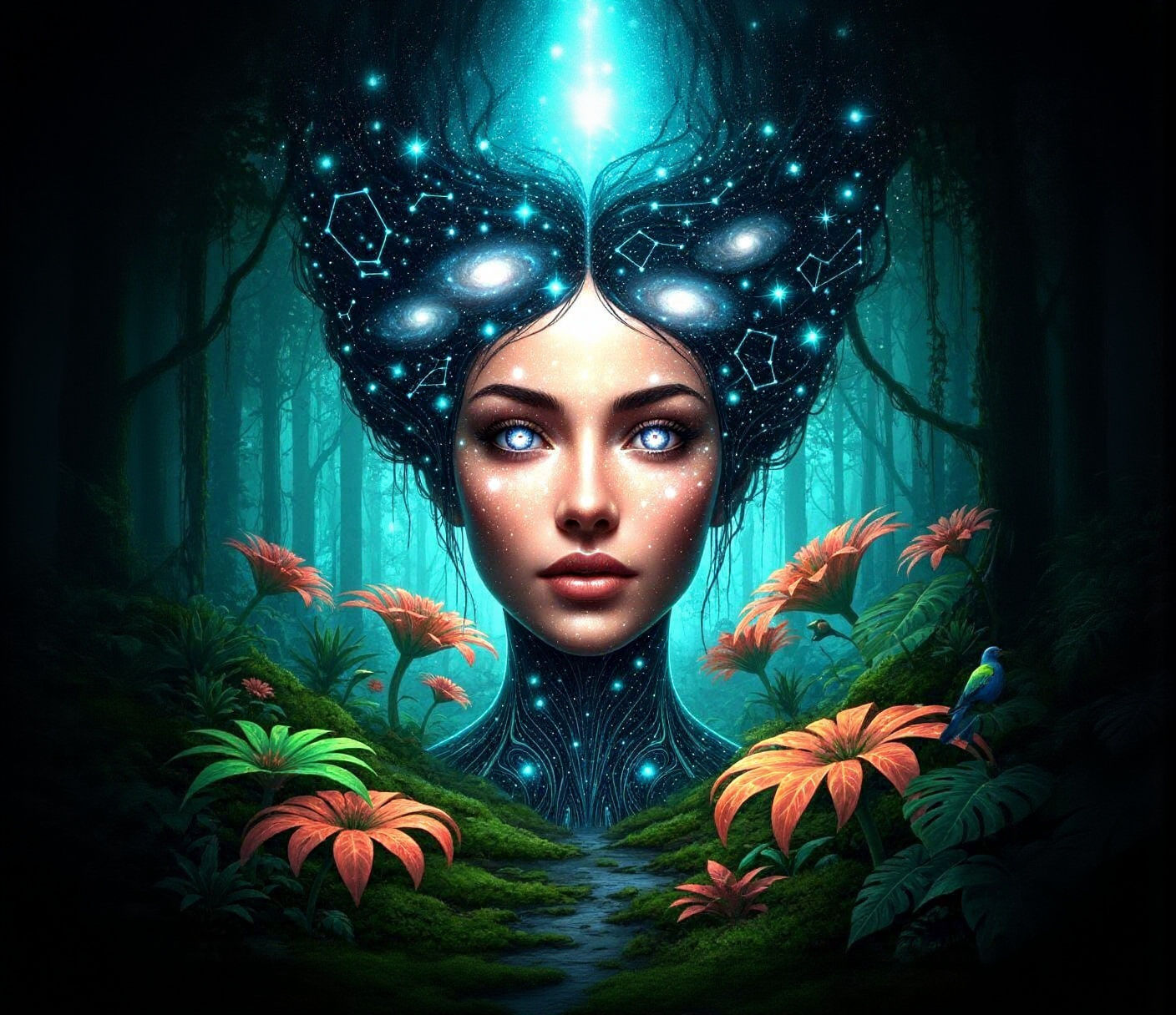 Starlight Woman's Face in Glowing Forest