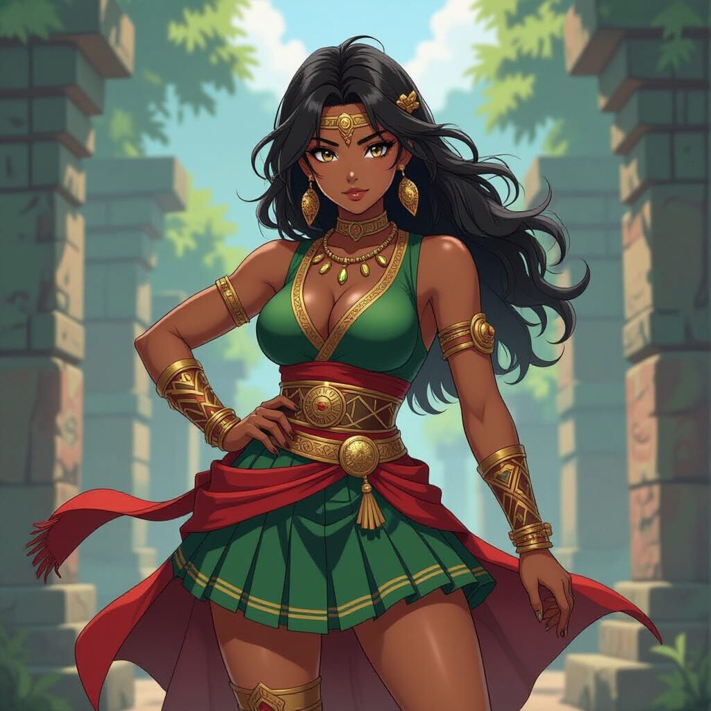 Anime Warrior in Aztec Dress with Ancient Temple Ruins
