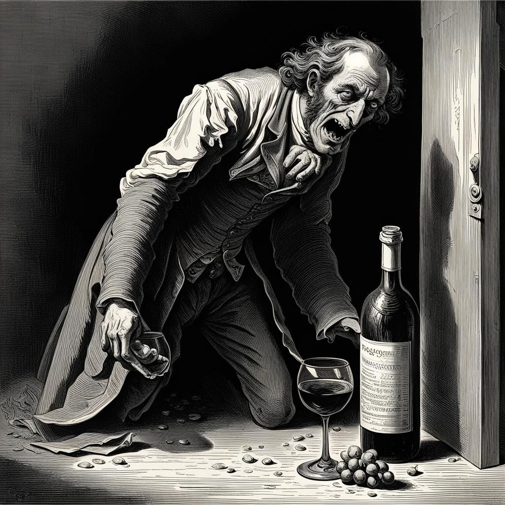Haunted Alcoholic Man Spilling Wine, Dark Engraving