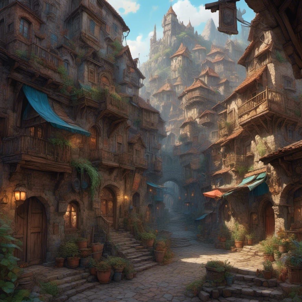 Busy Fantasy City at Early Morning, Detailed Matte Painting