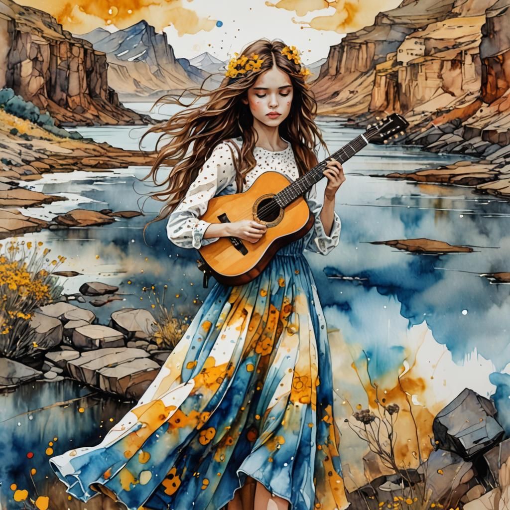 Adorable Girl with Guitar in Watercolor Landscape