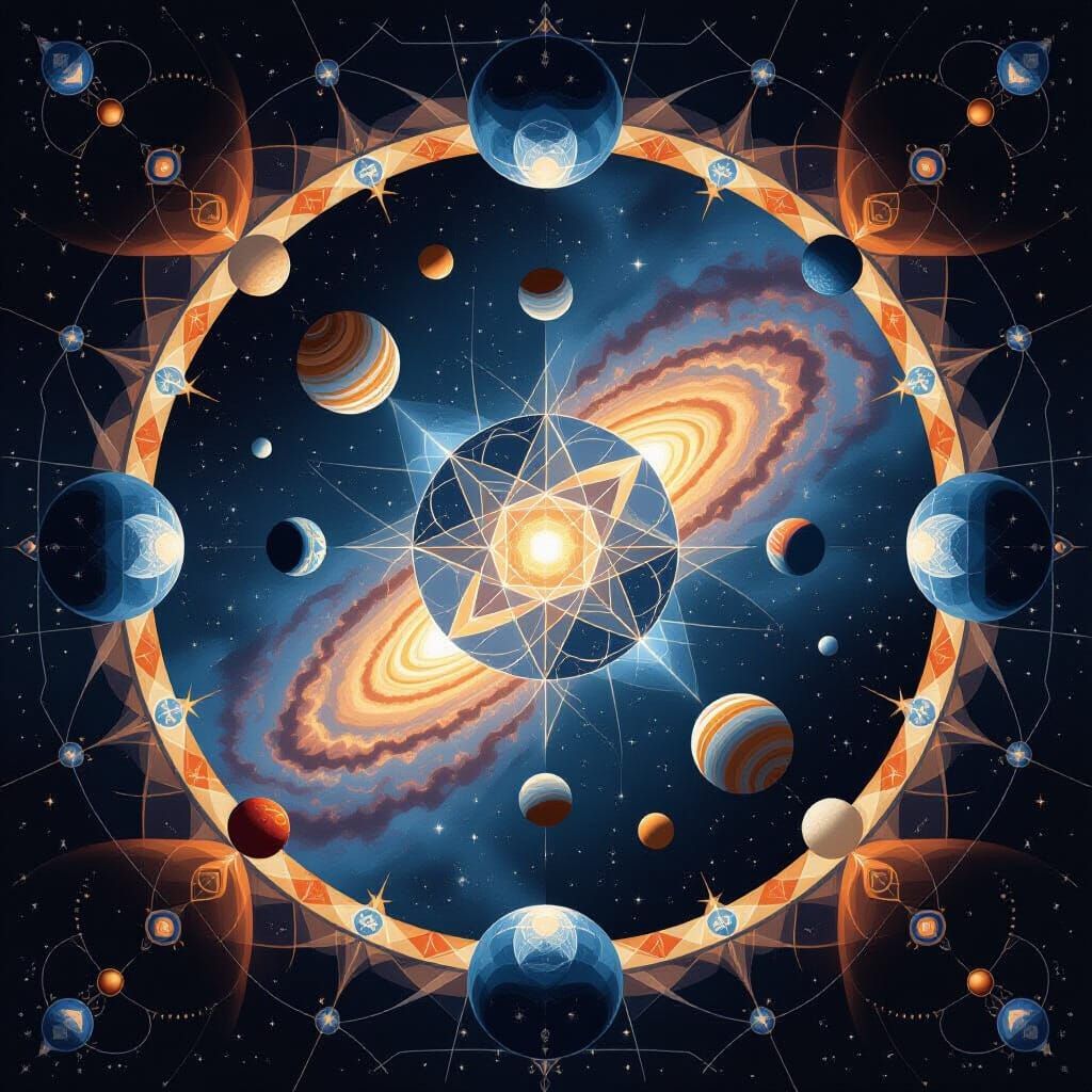 Geometric Kaleidoscope of Celestial Bodies in Space Art