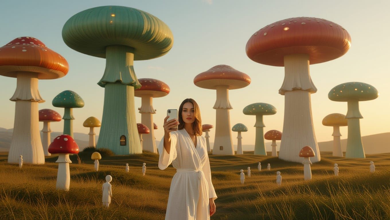 Surreal Mushrooms Tower Over Tiny Creatures in Golden Hour L...