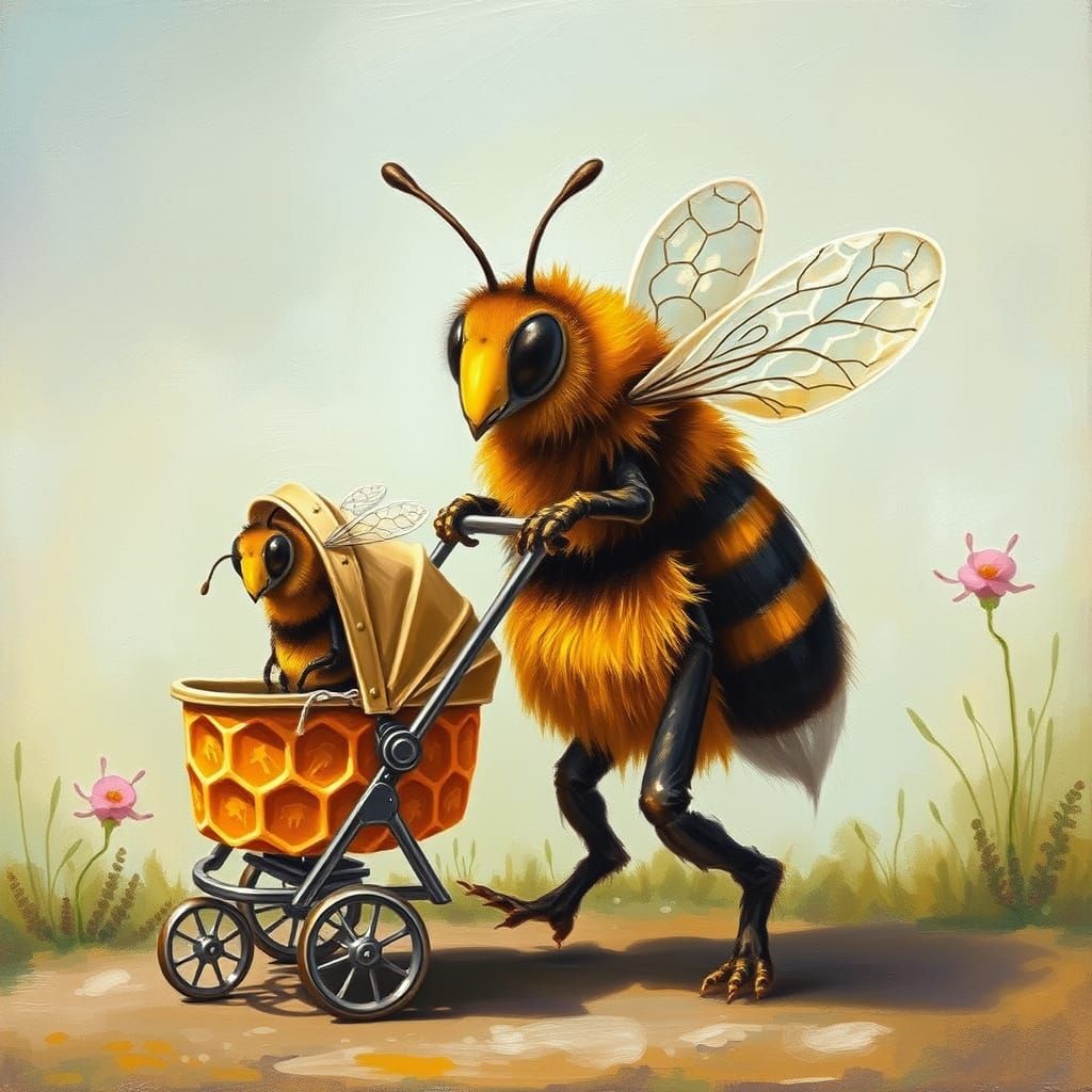 Adult Bee Takes Whimsical Stroll with Baby Bee in Honeycomb ...