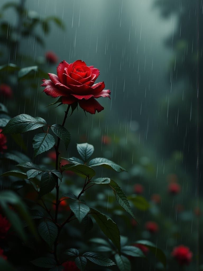 Single Red Rose Endures Rain in Grungy Impasto Style