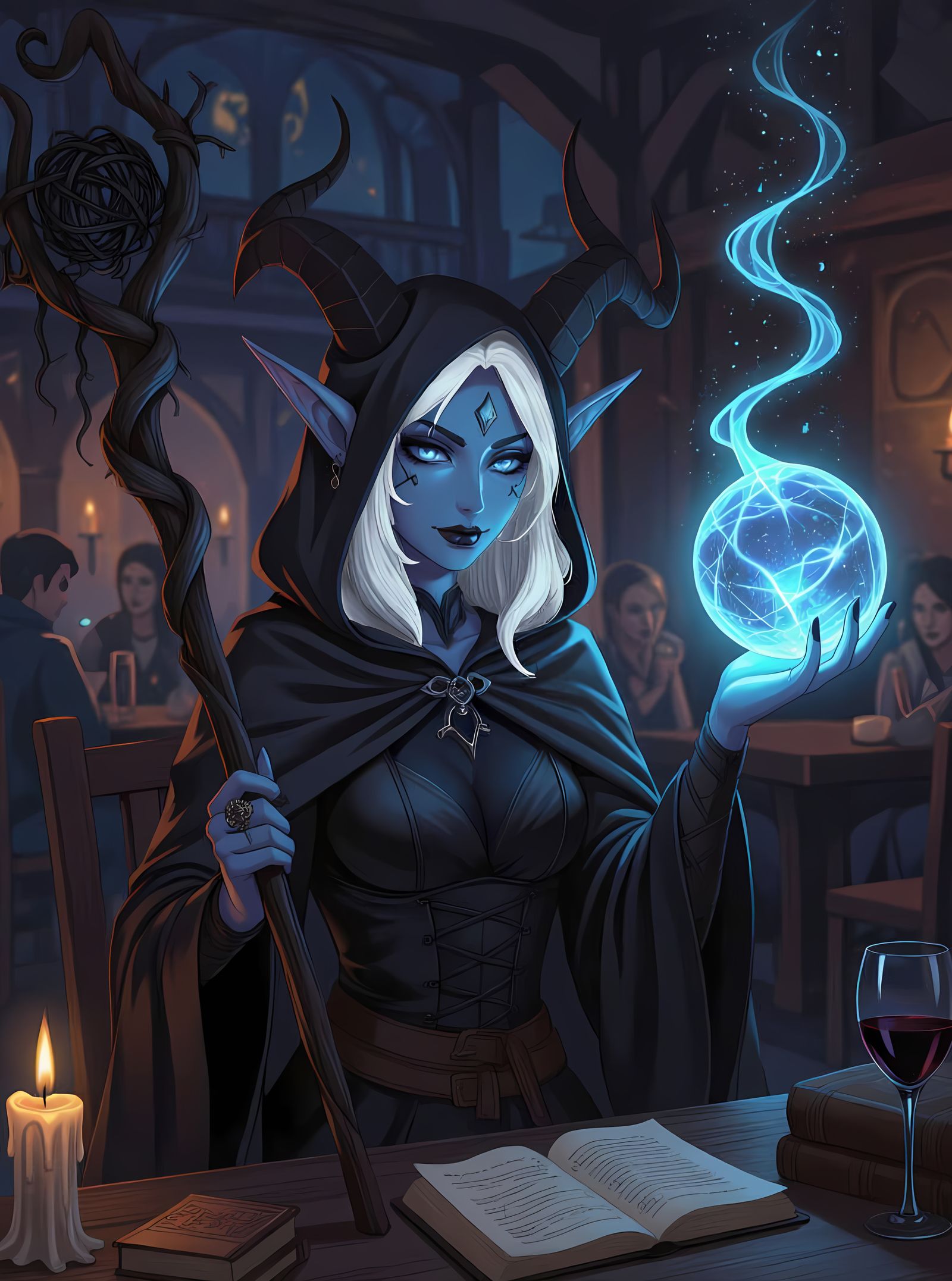 Tiefling Mage with Crystal Sphere, Anime Style