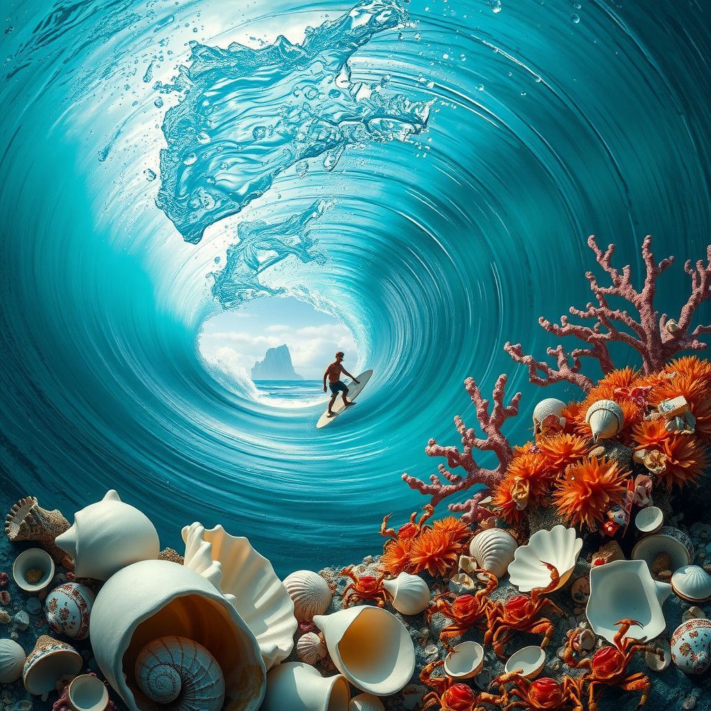 Surfer Amidst Tropical Ocean Treasures in Hyper-Realistic De...