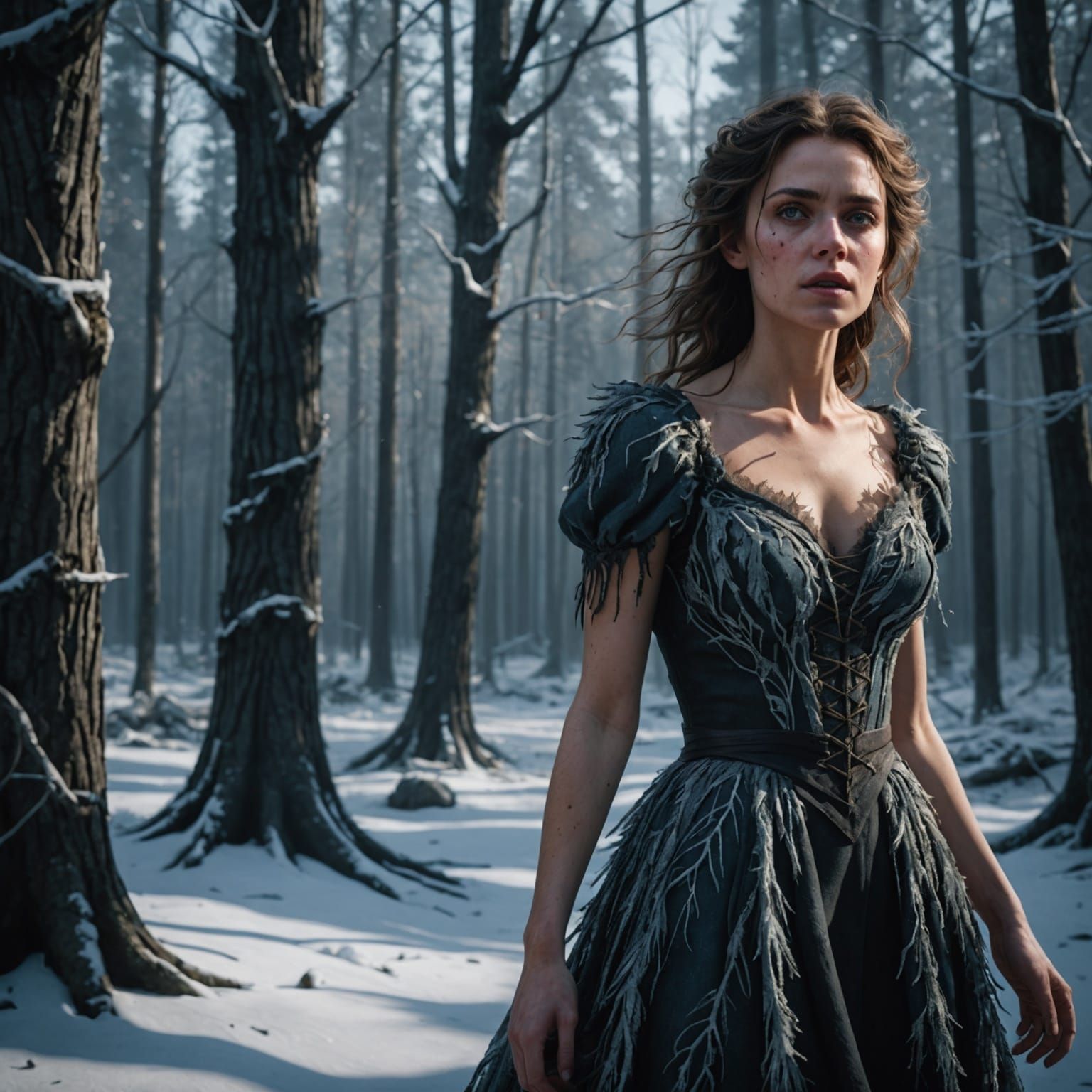 Scared Woman in Icy Forest: Detailed Matte Painting