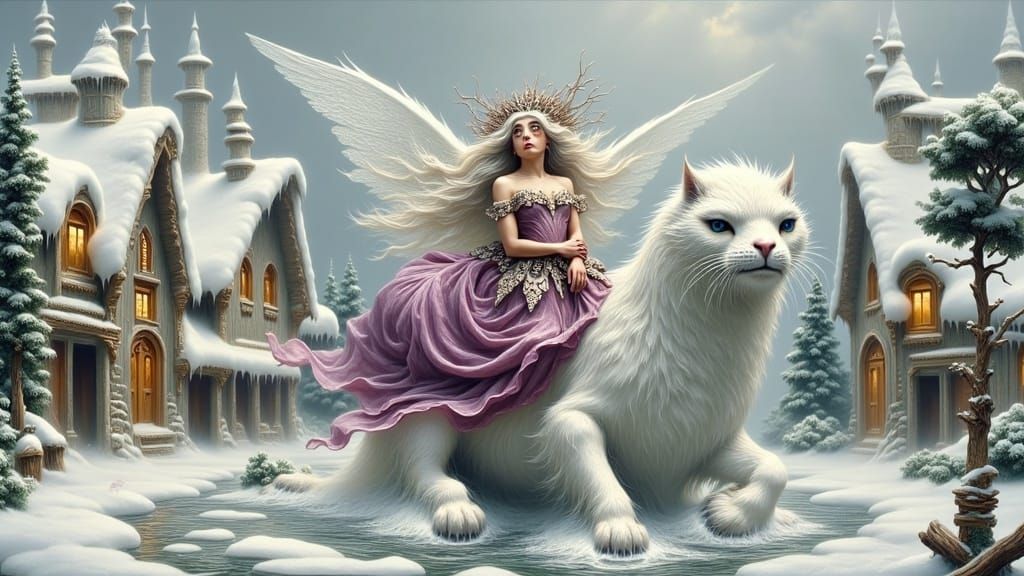 Fairies Ride Frosty Felines in Enchanted Landscapes