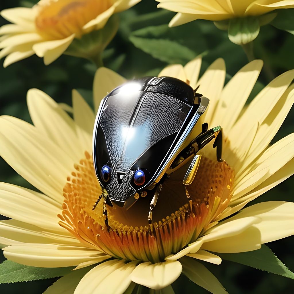 Metallic Robot Insect on Flower