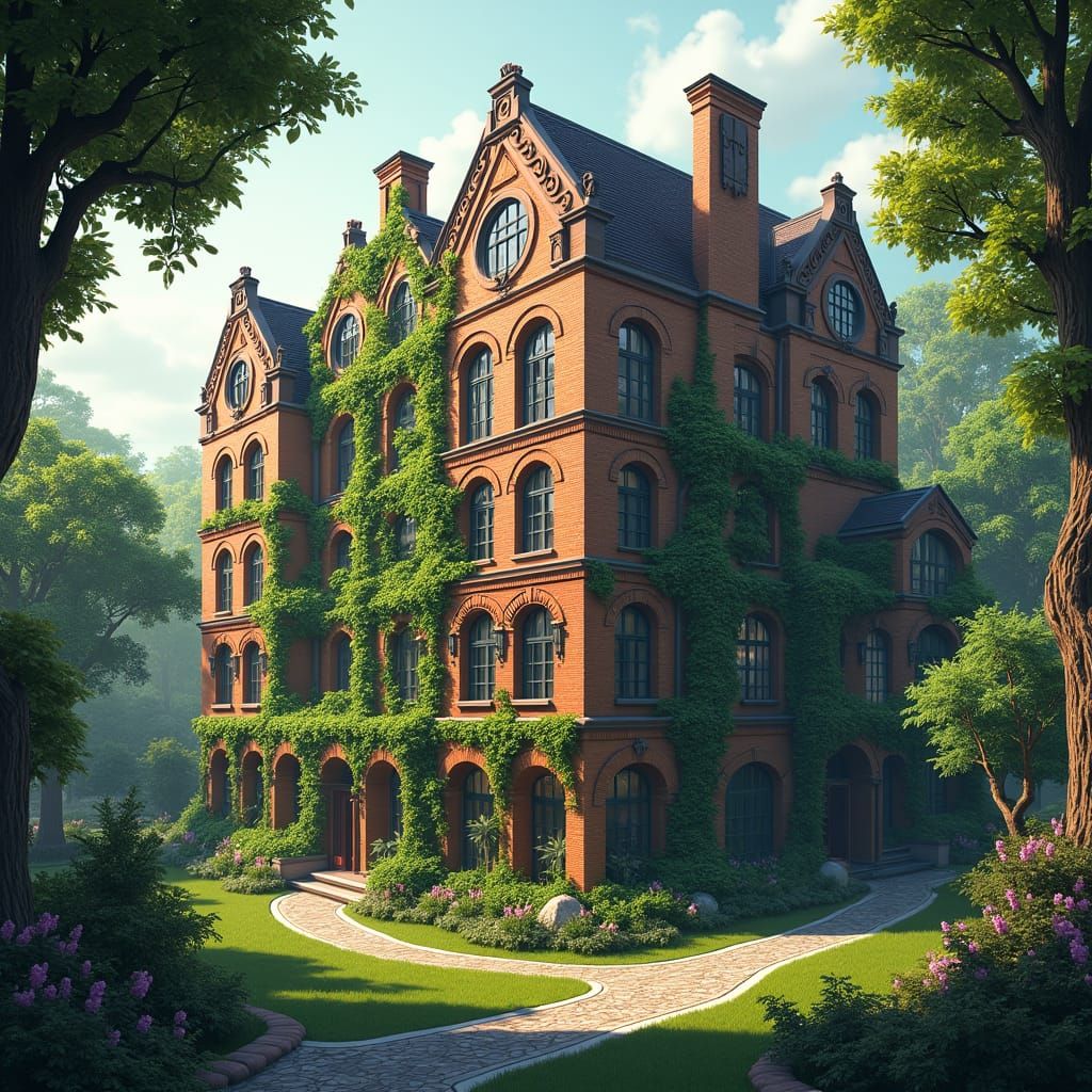 Modern Brick Hospital in Lush Landscape: Fantasy Art