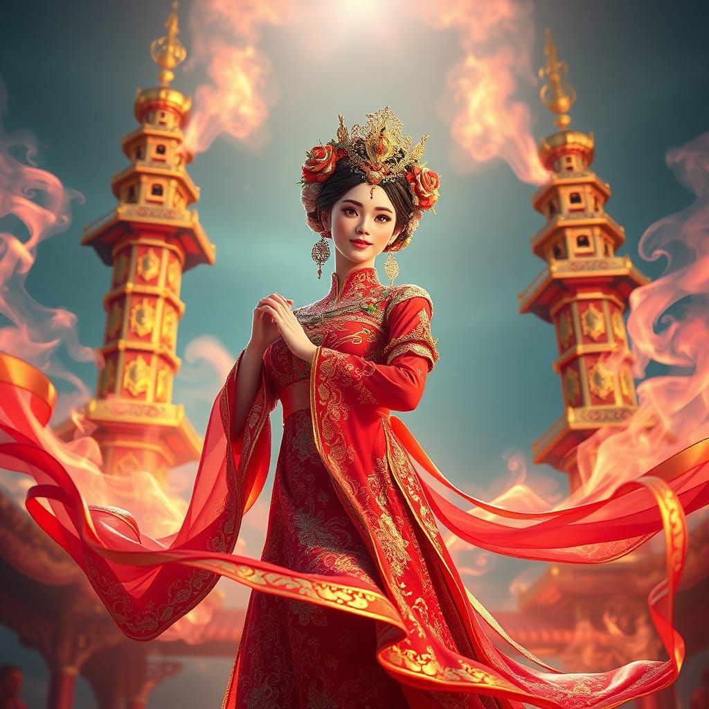 Elegant Baba-Nyonya Woman Dancing in Anime Style