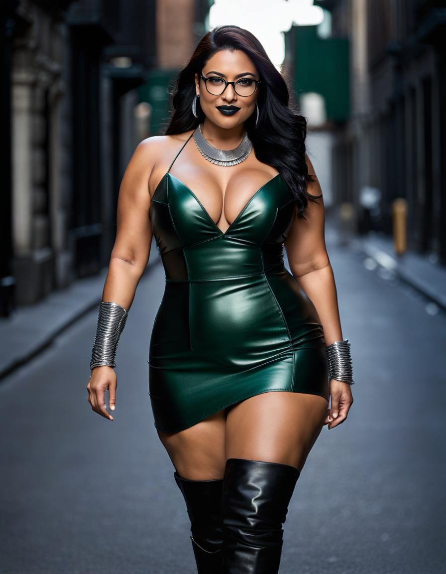 Gothic Woman in Green Dress Walking Dark Street