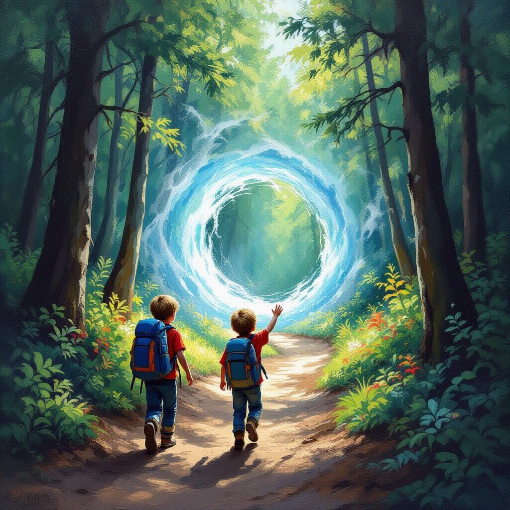 Shimmering Portal Appears on Forest Trail: Impasto Style